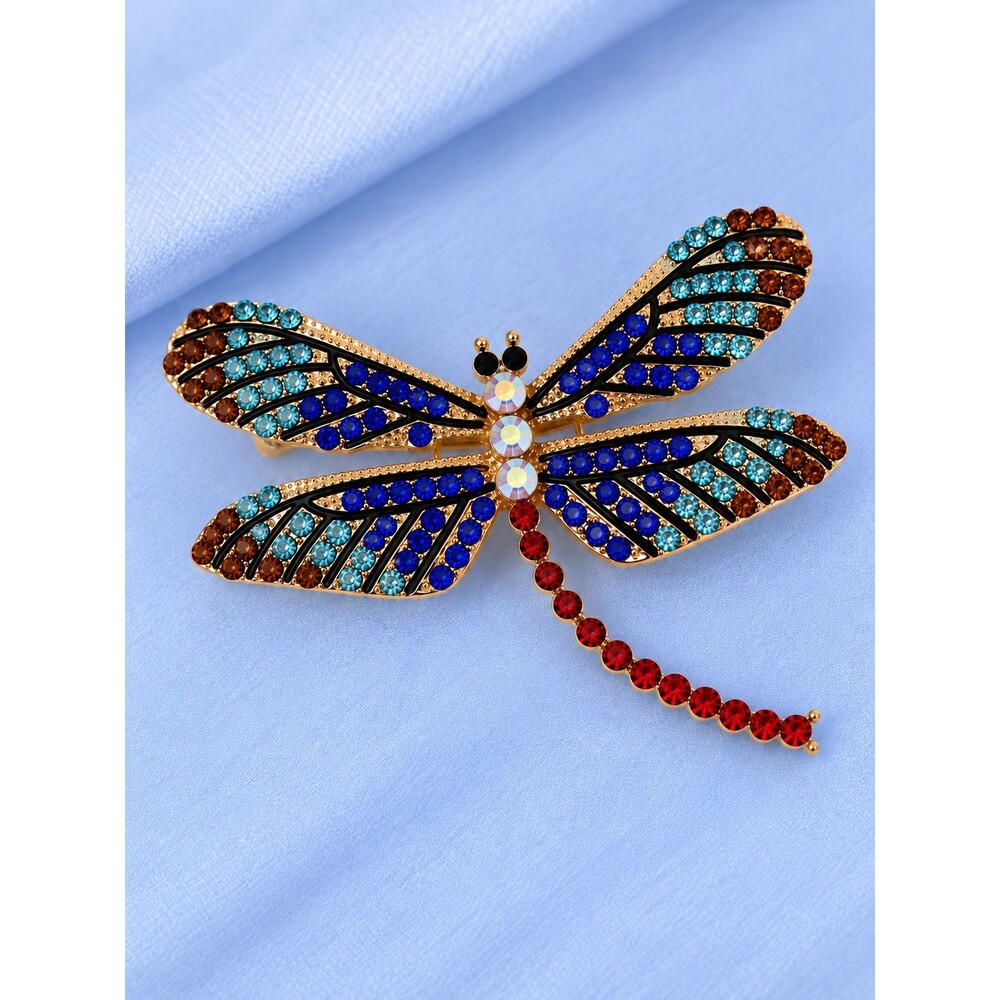Dragonfly Brooch Pin Multicolor Rhinestones Gold Tone Blue Red Aqua Unmarked